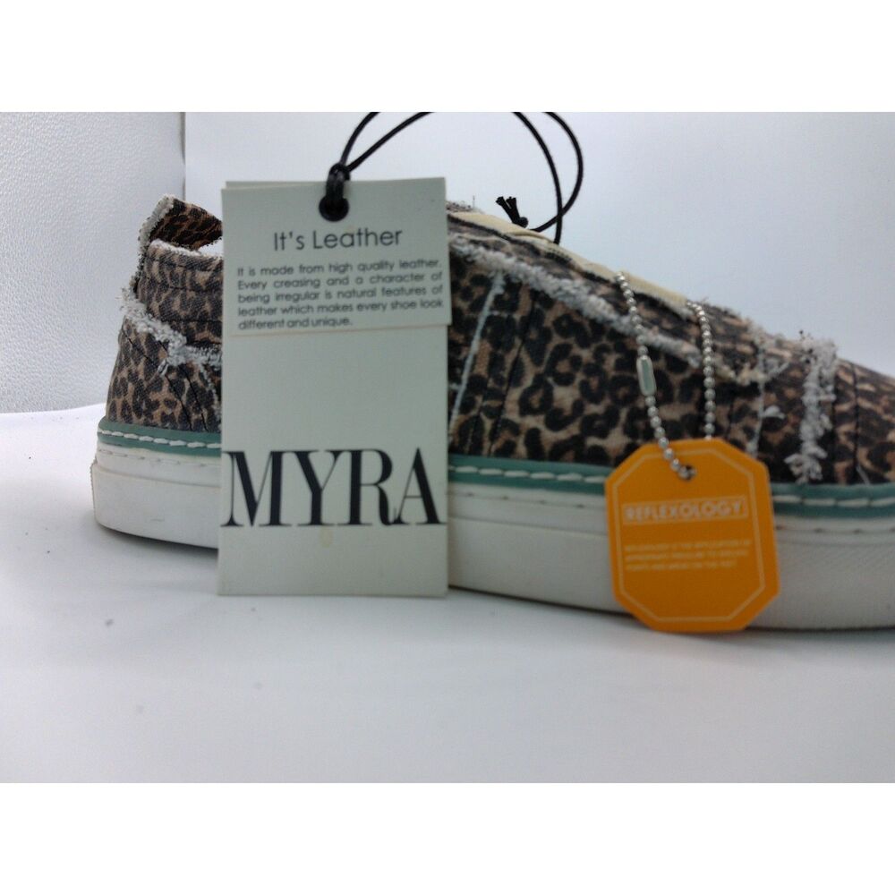 Myra Women’s Leopard Print Leather Sneakers Reflexology Shoes Teal Trim Size 8